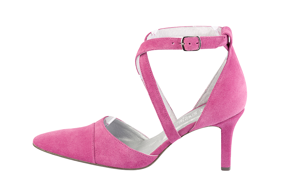 Shocking pink women's open side shoes, with crossed straps. Tapered toe. High slim heel. Profile view - Florence KOOIJMAN